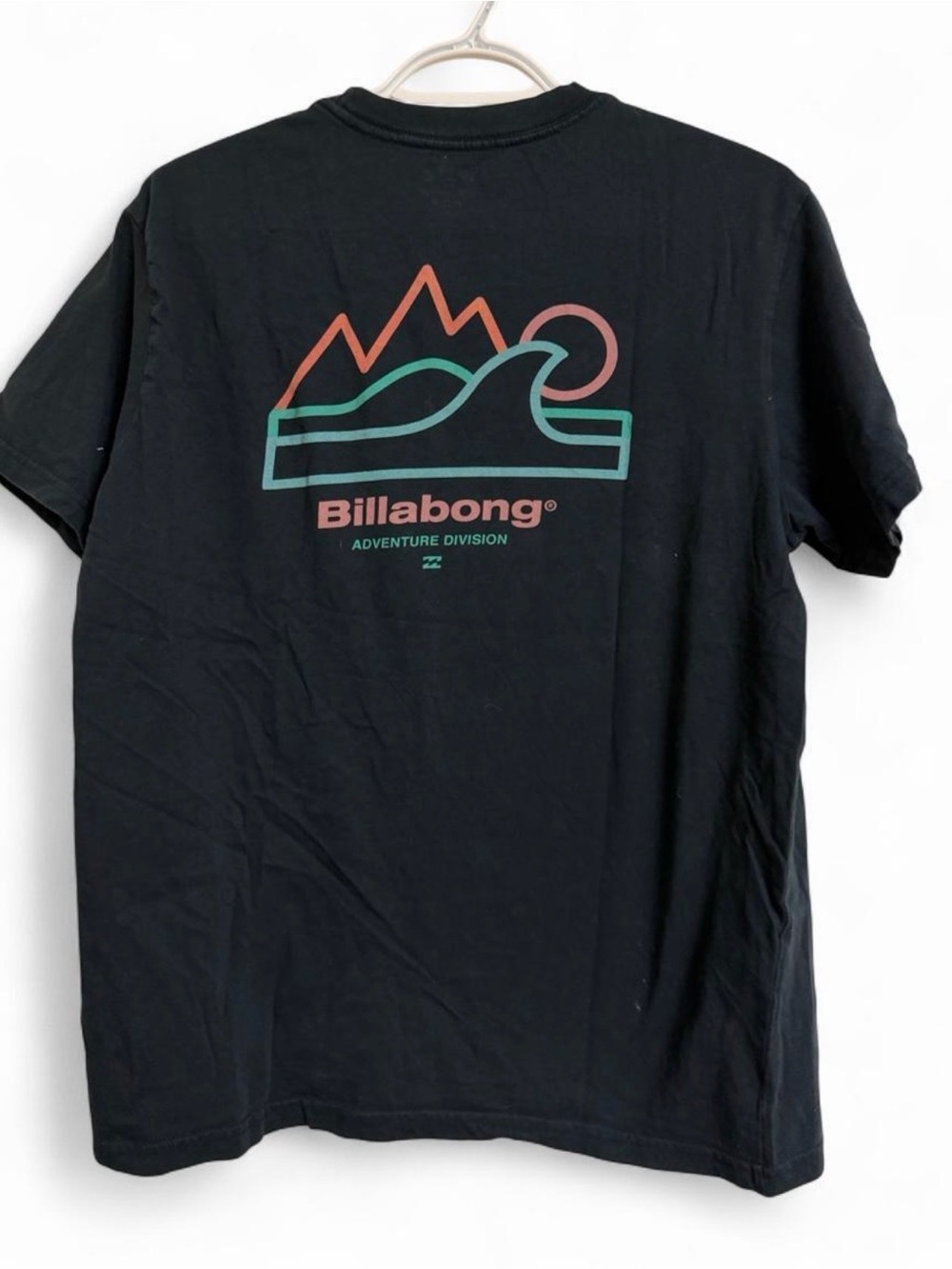 Billabong Black T-Shirt with Coral and Teal Adventure Graphic